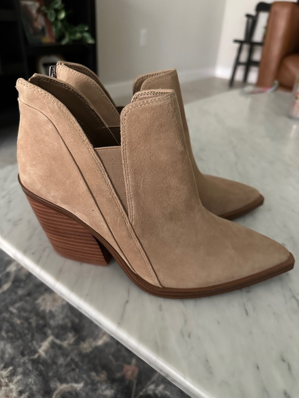 Vince Camuto Gigietta Beige Suede Pointed Toe Ankle Booties